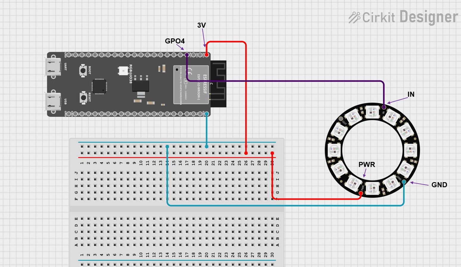 Шема повезивања ЛЕД прстена на ESP32 плочу